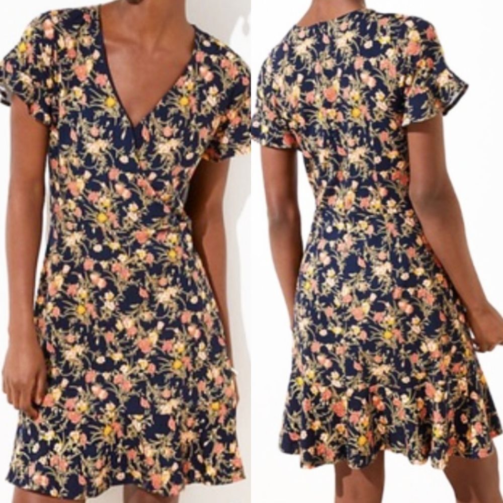 LOFT A-line Fluttered Floral Wrap Dress Size 4